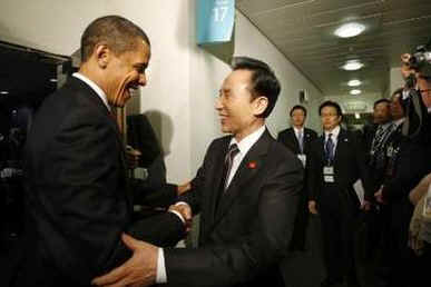 President Barack Obama meets with South Korean President Lee Myung-bak at the Excel Centre in London.