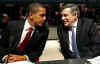 President Barack Obama and US Treasury Secretary Tim Geithner are seated next to G20 host UK Prime Minister GordonBrown at the Plenary session of the G20 Summit at the Excel Centre.