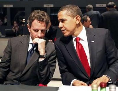 President Barack Obama and US Treasury Secretary Tim Geithner are seated next to G20 host UK Prime Minister GordonBrown at the Plenary session of the G20 Summit at the Excel Centre.