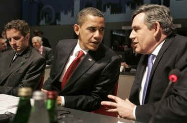 President Barack Obama and US Treasury Secretary Tim Geithner are seated next to G20 host UK Prime Minister GordonBrown at the Plenary session of the G20 Summit at the Excel Centre.