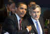 President Barack Obama and US Treasury Secretary Tim Geithner are seated next to G20 host UK Prime Minister GordonBrown at the Plenary session of the G20 Summit at the Excel Centre.