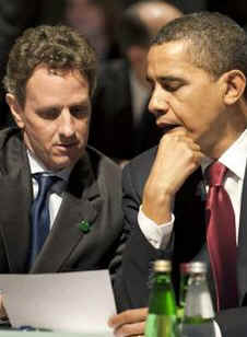 President Barack Obama and US Treasury Secretary Tim Geithner are seated next to G20 host UK Prime Minister GordonBrown at the Plenary session of the G20 Summit at the Excel Centre.