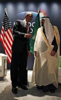 President Barack Obama meets with Saudi Arabia's King Abdullah at the Excel Centre in London on April 2, 2009.