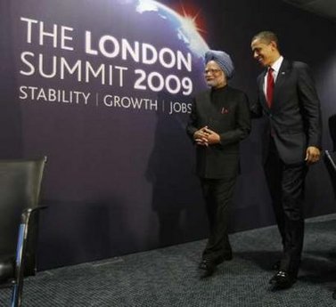 President Barack Obama meets with India's Prime Minister Manmohan Singh at the G20 Summit in the Excel Centre in London.