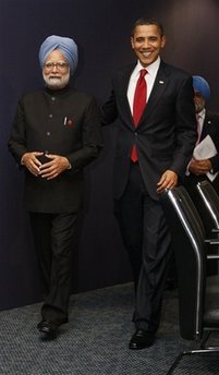 President Barack Obama meets with India's Prime Minister Manmohan Singh at the G20 Summit in the Excel Centre in London.