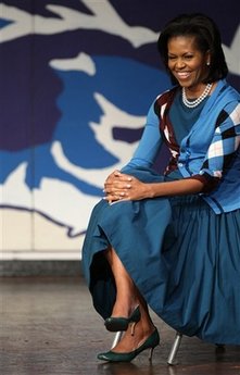 First Lady Michelle Obama visits students at the Elizabeth Garrett Anderson Language School in London on April 2, 2009.