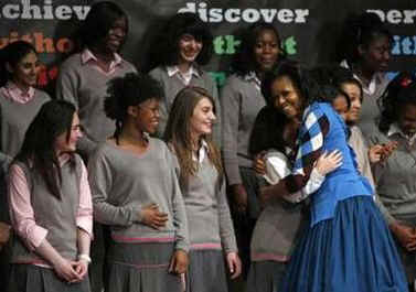 First Lady Michelle Obama visits students at the Elizabeth Garrett Anderson Language School in London on April 2, 2009.