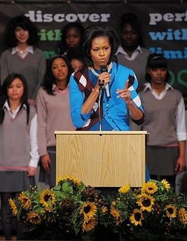 First Lady Michelle Obama visits students at the Elizabeth Garrett Anderson Language School in London on April 2, 2009.