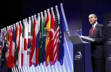 President Barack Obama holds a G20 press conference on the main stage of the Excel Centre in London, UK.