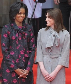 First Lady Michelle Obama and French First Lady Carla Bruni-Sarkozy participated in the Strasbourg, France arrival ceremony.