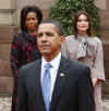 President Barack Obama walks by a military honor guard in the palace courtyard and partakes in a welcoming ceremony. First Lady Michelle Obama and French First Lady Carla Bruni-Sarkozy participated in the Strasbourg, France arrival ceremony.