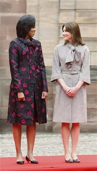 First Lady Michelle Obama and French First Lady Carla Bruni-Sarkozy participated in the Strasbourg, France arrival ceremony.