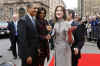 President Barack Obama and First Lady Michelle Obama are greeted by French President Sarkozy and his wife Carla Bruni-Sarkozy at the Palais Rohan in Strasbourg, France.