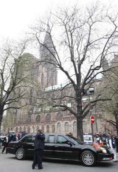 President Obama arrived in his special Cadillac limousine known as "The Beast" and was greeted by a crowd of French supporters.