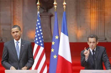 After a bilateral meeting President Obama and President Sarkozy hold a joint press conference in the courtyard of the Palais Rohan in Strasbourg, France.