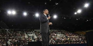 President Barack Obama holds a town hall style meeting with a young German and French audience at the Rhenus Sports Arena in Strasbourg, France. 