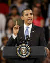 President Barack Obama holds a town hall style meeting with a young German and French audience at the Rhenus Sports Arena in Strasbourg, France. 