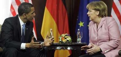 US President Barack Obama and German Chancellor Angela Merkel hold bilateral talks at City Hall in Baden-Baden.