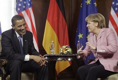 US President Barack Obama and German Chancellor Angela Merkel hold bilateral talks at City Hall in Baden-Baden.