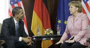 US President Barack Obama and German Chancellor Angela Merkel hold bilateral talks at City Hall in Baden-Baden.