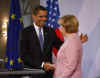 President Barack Obama and German Chancellor Angela Merkel hold a joint news conference at the Baden-Baden City Hall.