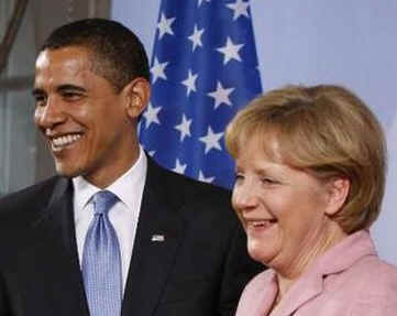 President Barack Obama and German Chancellor Angela Merkel hold a joint news conference at the Baden-Baden City Hall.