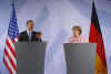 President Barack Obama and German Chancellor Angela Merkel hold a joint news conference at the Baden-Baden City Hall.