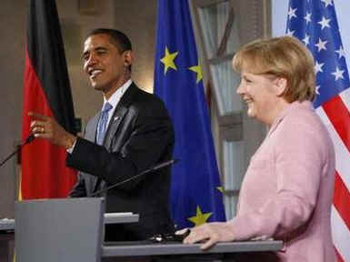 President Barack Obama and German Chancellor Angela Merkel hold a joint news conference at the Baden-Baden City Hall.