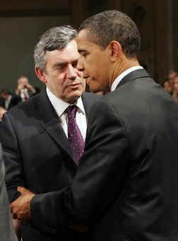 President Barack Obama shakes hands with UK PM Brown at the Kurhaus in Baden-Baden, Germany.