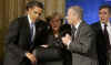 President Obama, NATO Secretary General de Hoop Scheffer, and NATO leaders assemble in a meeting room in the Kurhaus in Baden-Baden.