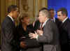 President Obama, NATO Secretary General de Hoop Scheffer, and NATO leaders assemble in a meeting room in the Kurhaus in Baden-Baden.