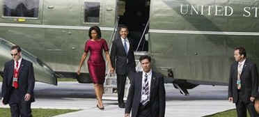 President Barack Obama and First Lady Michelle Obama arrive on Marine One in Klosterwiese in Baden-Baden, Germany.