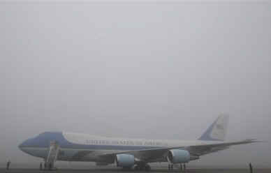 President Barack Obama and First Lady Michelle Obama depart foggy Stansted Airport in Essex, UK on Air Force One to meet with French President Sarkozy the co-host of the 60th NATO summit in Strasbourg, France.