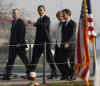 President Barack Obama and the NATO leaders walk in a ceremonial crossing of the Passarelle Mimram (Two Banks) Pedestrian Bridge from Kehl, Germany to Strasbourg, France on April 4, 2009.