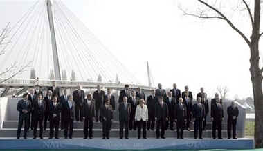 President Barack Obama and the NATO leaders assemble for a group photo prior to a NATO ceremony in Strasbourg, France.
