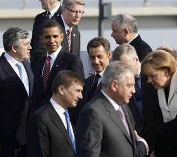 President Barack Obama and the NATO leaders assemble for a group photo prior to a NATO ceremony in Strasbourg, France.