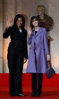 First Lady Michelle Obama meets First Lady Carla Bruni-Sarkozy and the spouses of other G20 leaders for a tour of Notre-dame de Strasbourg (Strasbourg Cathedral) on April 4, 2009.