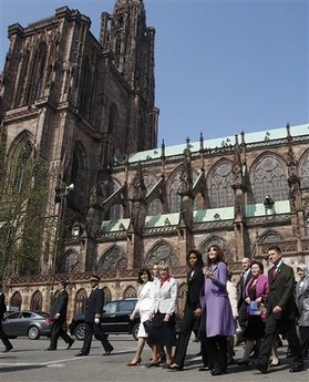 First Lady Michelle Obama meets First Lady Carla Bruni-Sarkozy and the spouses of other G20 leaders for a tour of Notre-dame de Strasbourg (Strasbourg Cathedral) on April 4, 2009.