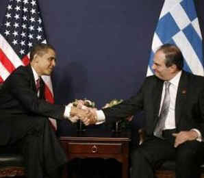 President Barack Obama meets with Greek Prime Minister Costas Karamanlis at the NATO meetings in Strasbourg, France.