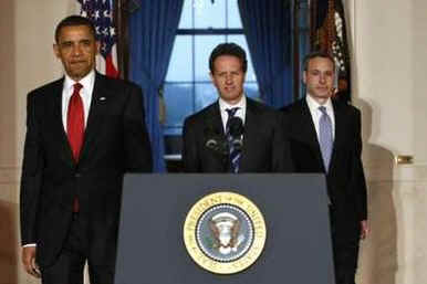 President Barack Obama, US Treasury Secretary Timothy Geithner, and Internal Revenue Service (IRS) Commissioner Doug Shulman arrive to remark on tax reform in the Grand Foyer of the White House on May 4, 2009.