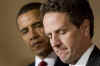 President Barack Obama, US Treasury Secretary Timothy Geithner, and Internal Revenue Service (IRS) Commissioner Doug Shulman remark on tax reform in the Grand Foyer of the White House on May 4, 2009.