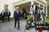 After the meeting President Peres talks to reporters assembled outside the West Wing of the White House.