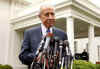 After the meeting President Peres talks to reporters assembled outside the West Wing of the White House.