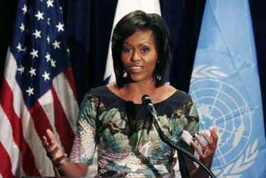 First Lady Michelle Obama speaks to employees of the United States Mission to the United Nations in New York on May 5, 2009.