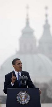 Saint Nicholas Church sets the backdrop for Obama's Prague speech. President Barack Obama delivers a speech to an estimated 25,000 people in Hradcanske Square in the Old City part of Prague, the capital of the Czech Republic.