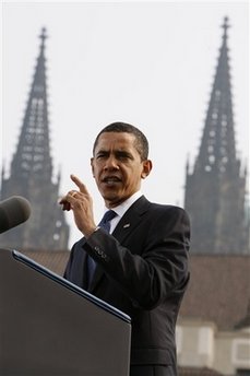 President Barack Obama delivers a speech to an estimated 25,000 people in Hradcanske Square in the Old City part of Prague, the capital of the Czech Republic.