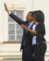 President Barack Obama is joined on the stage by First Lady Michelle Obama after Obama's speech.