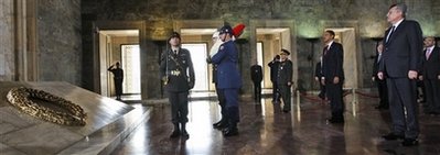 President Barack Obama begins his day in Ankara, Turkey at a wreath laying ceremony at Anitkabir Mausoleum on April 6, 2009.