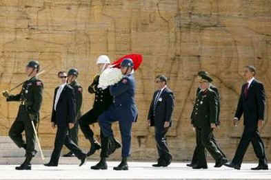 President Barack Obama begins his day in Ankara, Turkey at a wreath laying ceremony at Anitkabir Mausoleum on April 6, 2009.