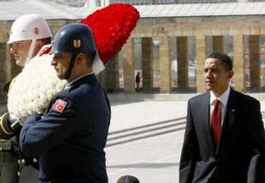 President Barack Obama begins his day in Ankara, Turkey at a wreath laying ceremony at Anitkabir Mausoleum on April 6, 2009.